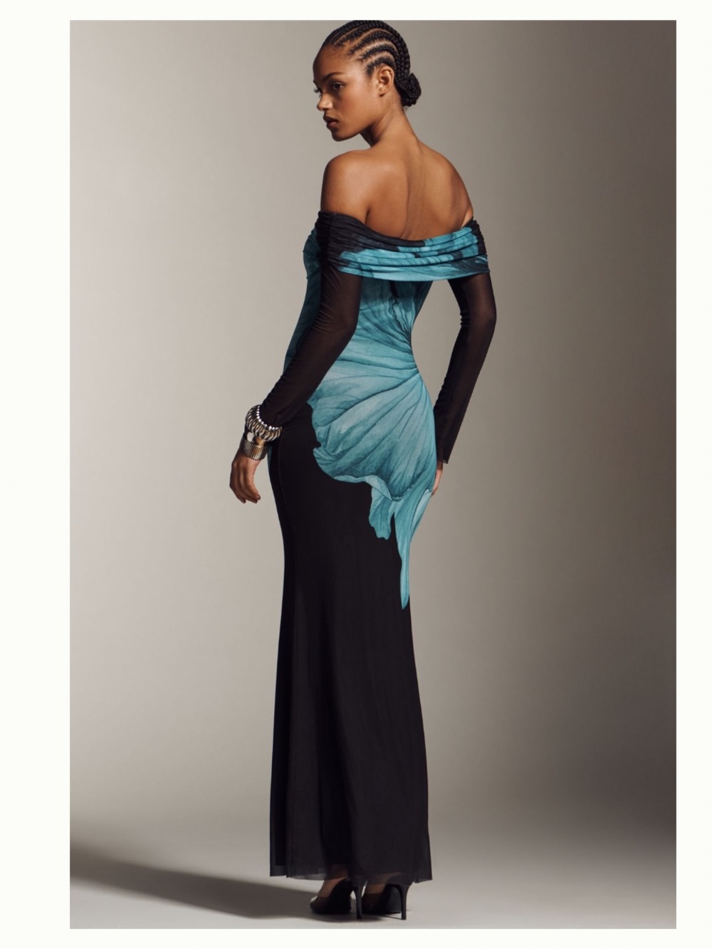 NWT Anthropologie AFRM Long-Sleeve Off-The-Shoulder Teal Flower Mesh Maxi Dress - Picture 3 of 12